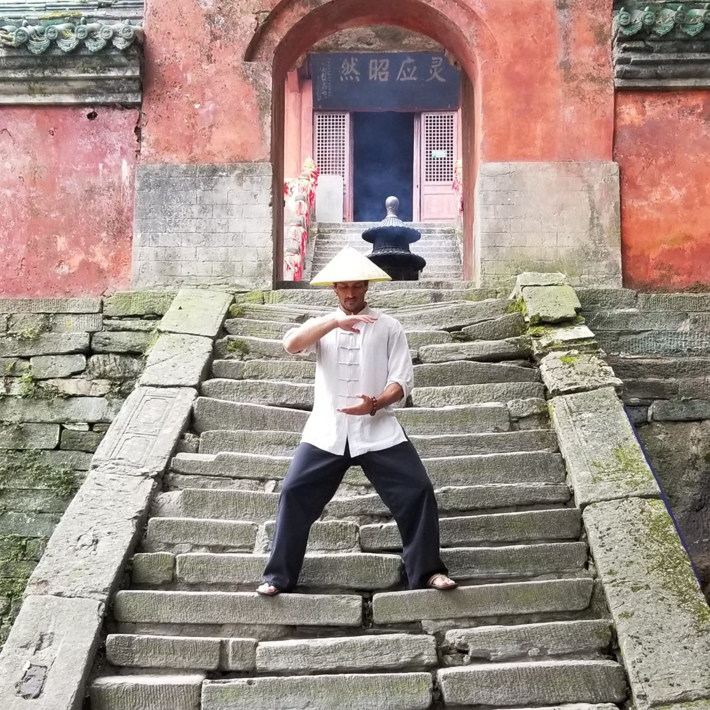 A practitioner holding a wide stance on the stone steps of a temple.